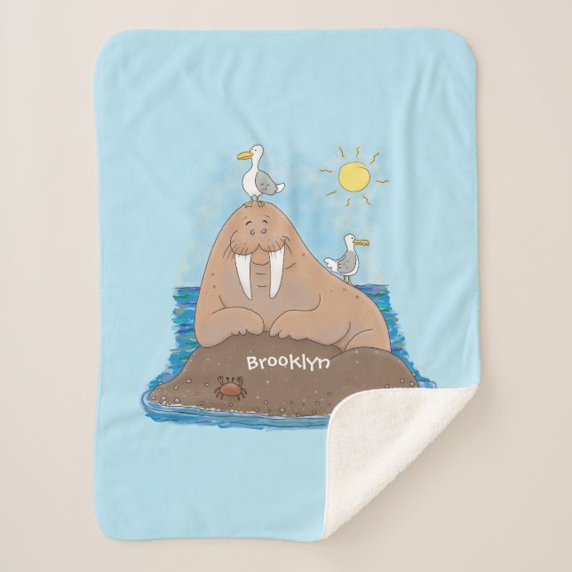 Funny happy walrus cartoon illustration  sherpa blanket (Front)