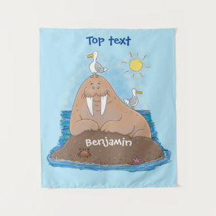 Funny happy walrus cartoon illustration  tapestry