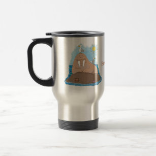 Funny happy walrus cartoon illustration travel mug