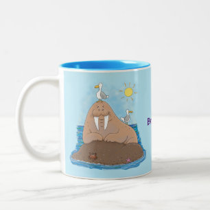 Funny happy walrus cartoon illustration Two-Tone coffee mug