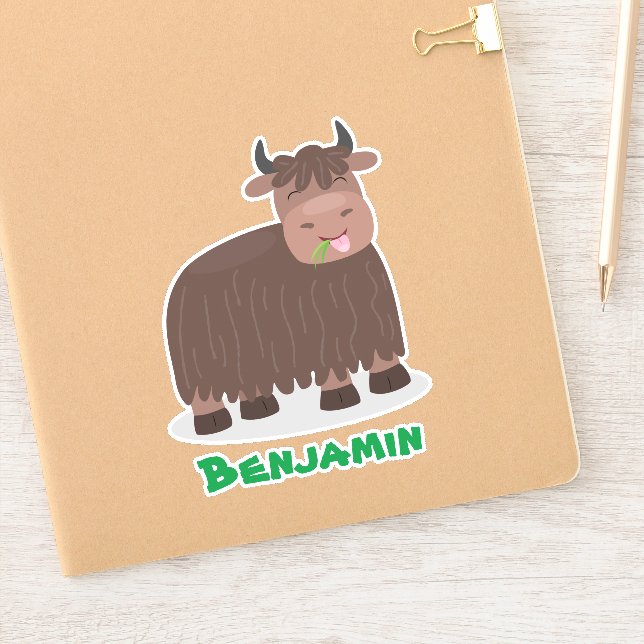 Funny happy yak eating grass cartoon illustration (Notebook)