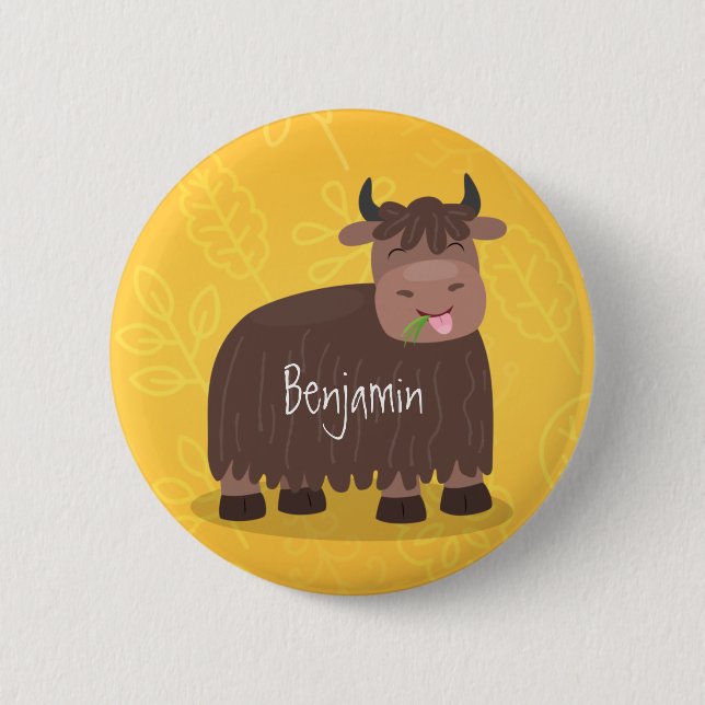 Funny happy yak eating grass cartoon illustration 6 cm round badge (Front)