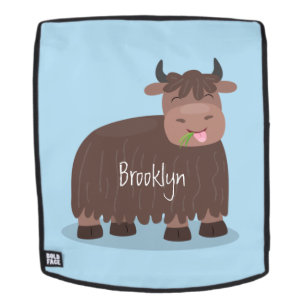 Funny happy yak eating grass cartoon illustration backpack