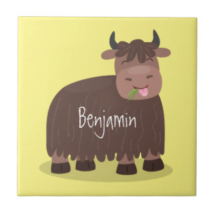 Funny happy yak eating grass cartoon illustration ceramic tile