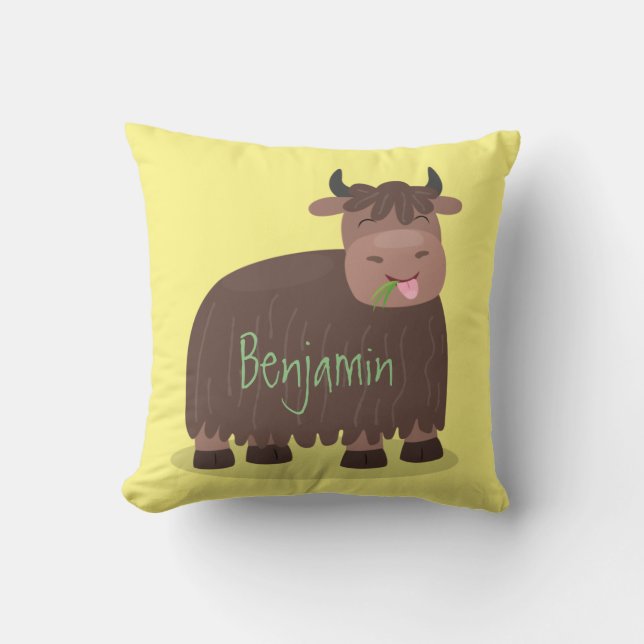 Funny happy yak eating grass cartoon illustration cushion (Front)