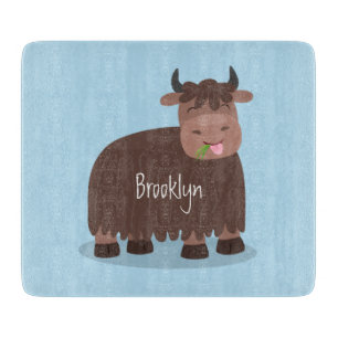 Funny happy yak eating grass cartoon illustration  cutting board