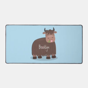 Funny happy yak eating grass cartoon illustration desk mat
