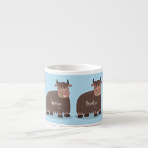 Funny happy yak eating grass cartoon illustration espresso cup