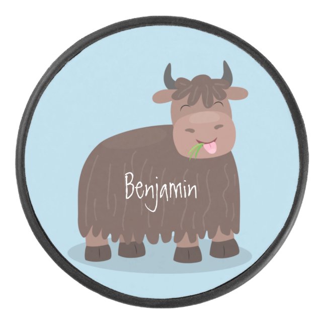 Funny happy yak eating grass cartoon illustration hockey puck (Front)