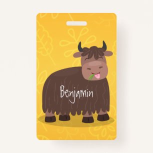 Funny happy yak eating grass cartoon illustration ID badge