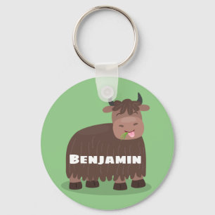 Funny happy yak eating grass cartoon illustration key ring