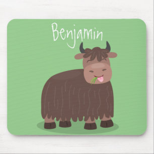Funny happy yak eating grass cartoon illustration mouse pad