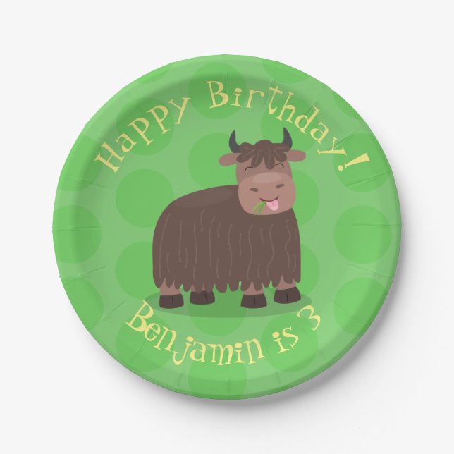 Funny happy yak eating grass cartoon illustration paper plate (Front)