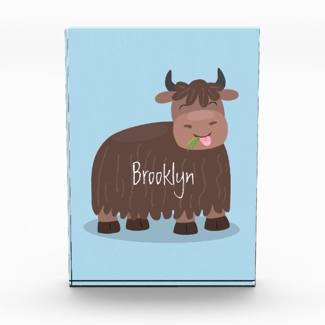 Funny happy yak eating grass cartoon illustration photo block (Front)