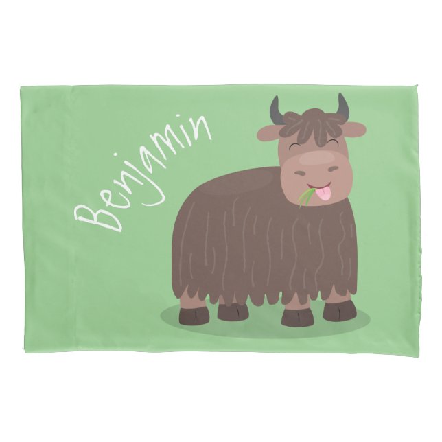 Funny happy yak eating grass cartoon illustration pillowcase (Front)