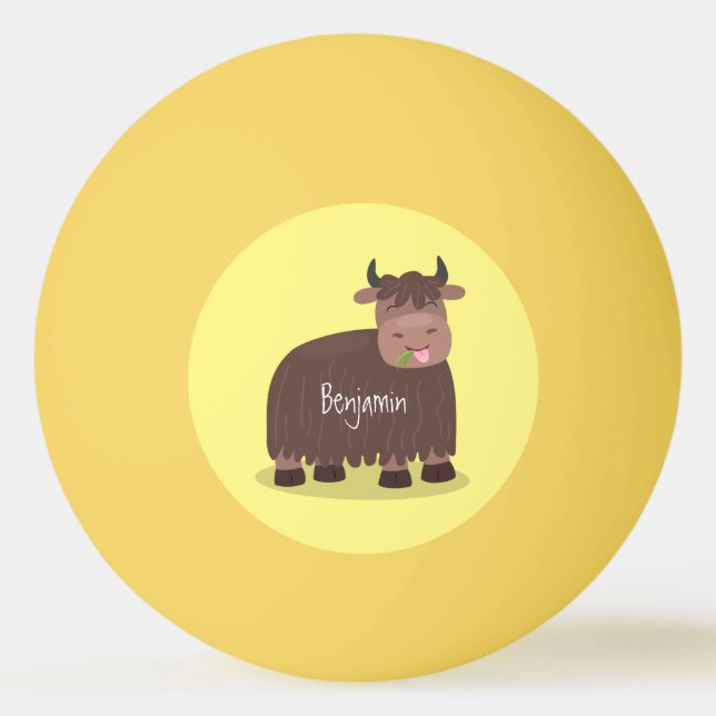 Funny happy yak eating grass cartoon illustration ping pong ball (Front)