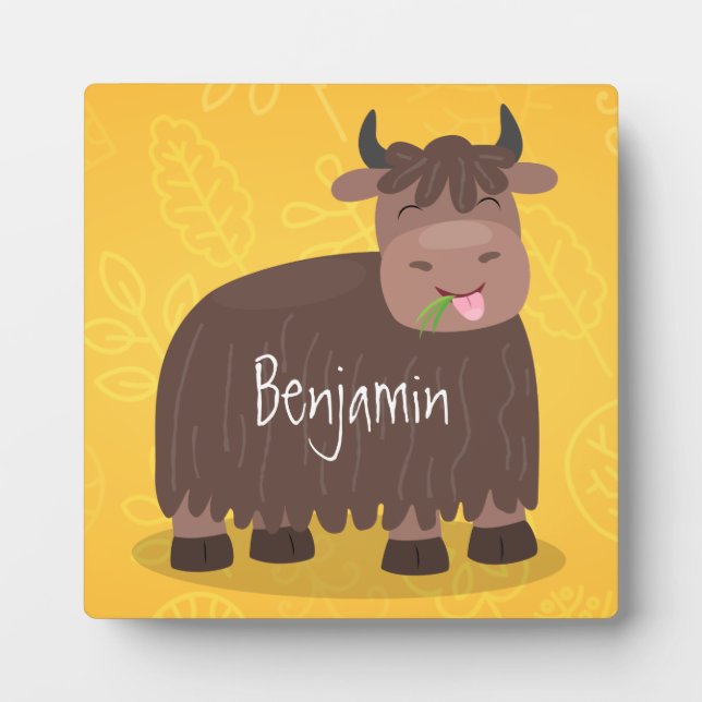 Funny happy yak eating grass cartoon illustration plaque (Front)