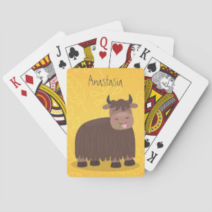 Funny happy yak eating grass cartoon illustration playing cards