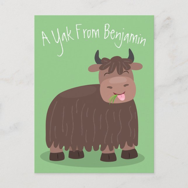 Funny happy yak eating grass cartoon illustration postcard (Front)