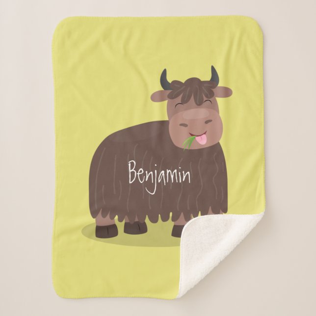 Funny happy yak eating grass cartoon illustration sherpa blanket (Front)