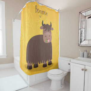 Funny happy yak eating grass cartoon illustration shower curtain