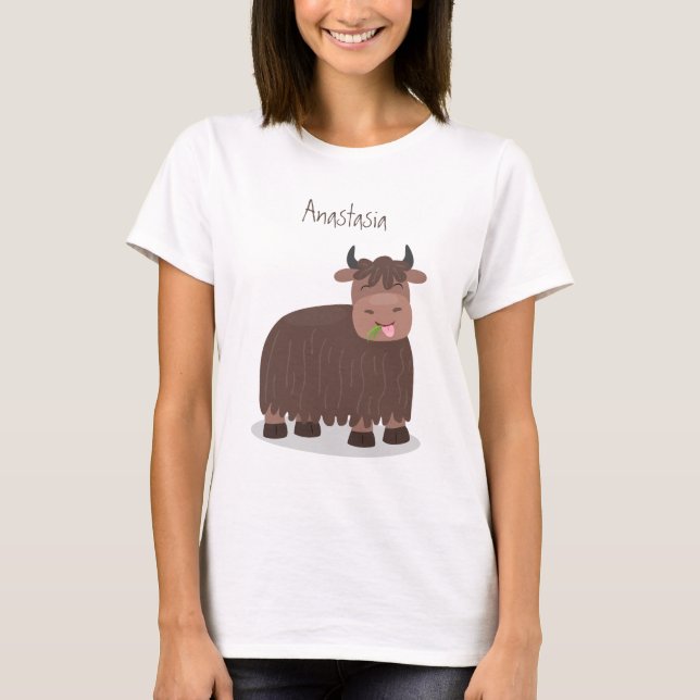 Funny happy yak eating grass cartoon illustration T-Shirt (Front)