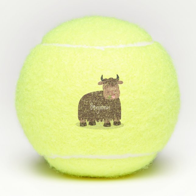 Funny happy yak eating grass cartoon illustration tennis balls (Front)