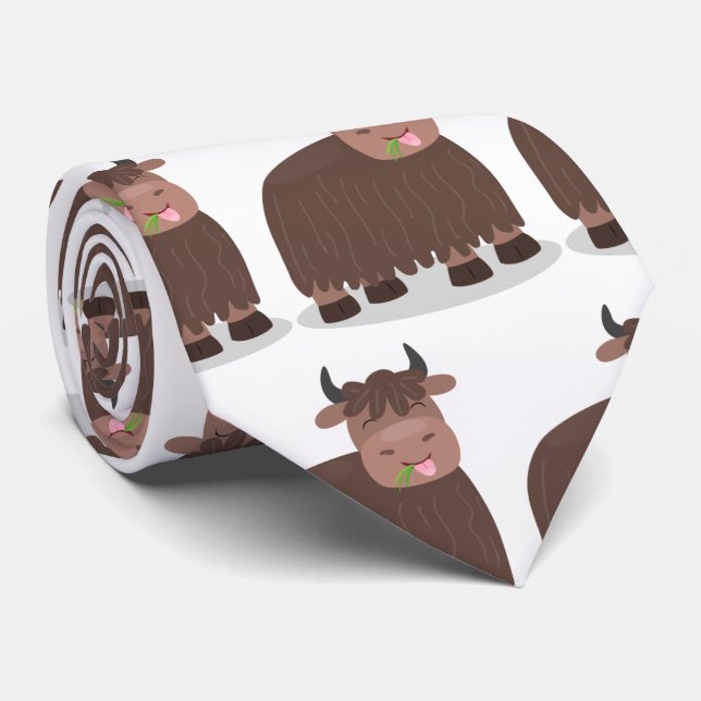 Funny happy yak eating grass cartoon illustration tie (Rolled)