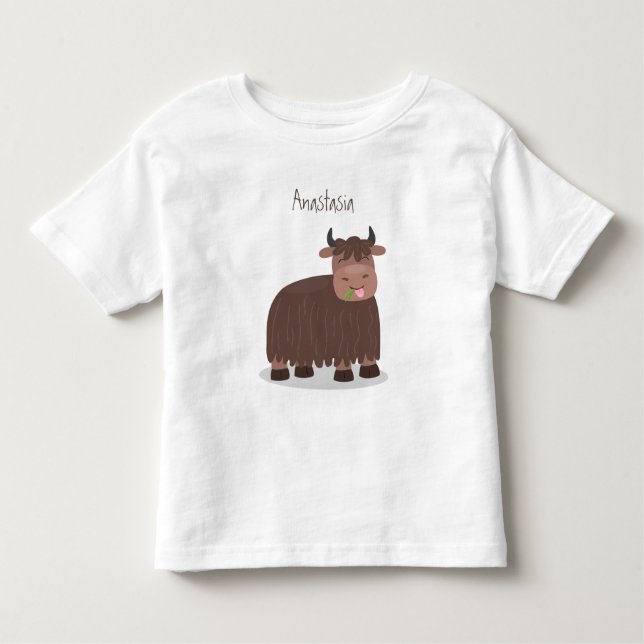 Funny happy yak eating grass cartoon illustration toddler T-Shirt (Front)