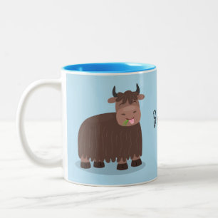 Funny happy yak eating grass cartoon illustration Two-Tone coffee mug