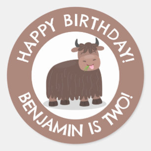Funny happy yak personalised cartoon birthday classic round sticker