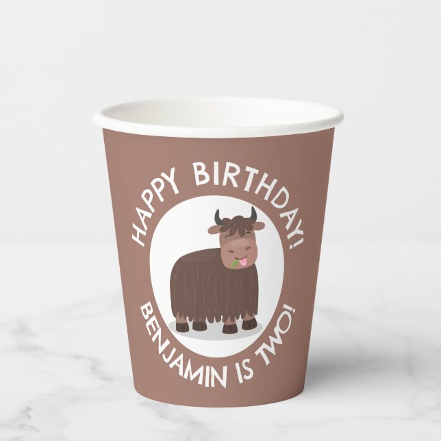Funny happy yak personalised cartoon birthday paper cups (Front)