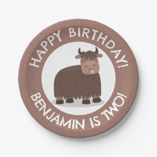 Funny happy yak personalised cartoon birthday paper plate