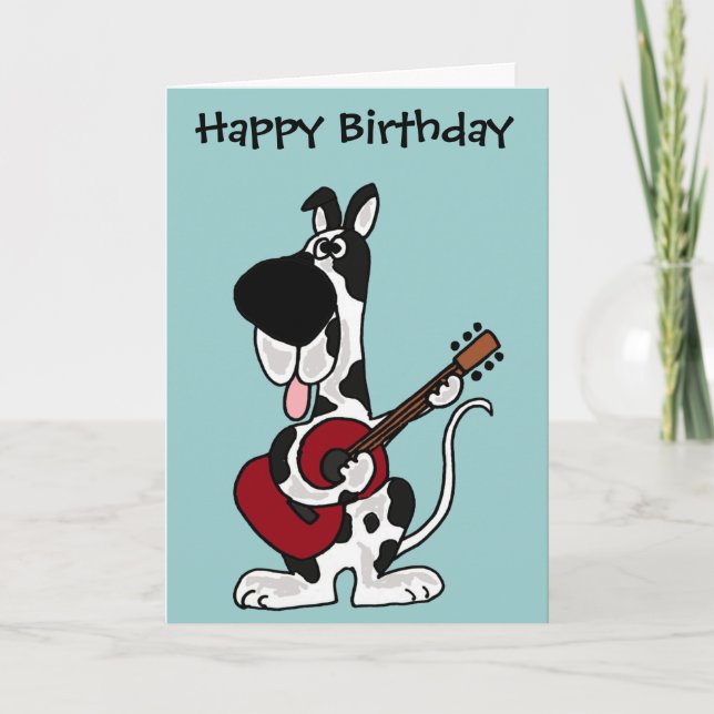 Funny Harlequin Great Dane Playing Guitar Card (Front)