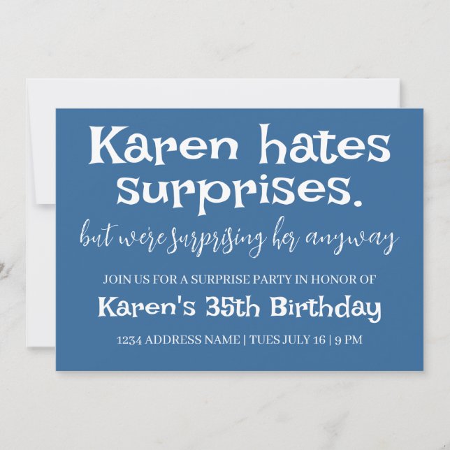 Funny Hates Surprises Party Modern Add Details Invitation (Front)