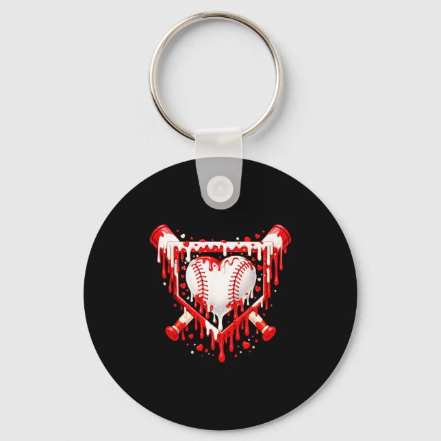 Funny Heart Baseball Drip Ice Cream Valentines Day Key Ring (Front)