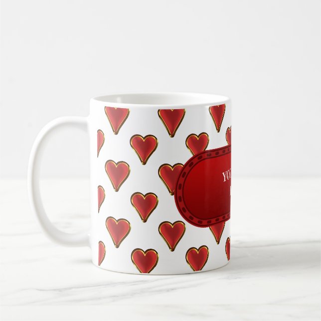 Funny Heart Pattern gold red + your backgr. & text Coffee Mug (Left)