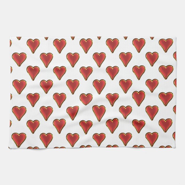 Funny Heart Pattern gold red + your backgr. & text Tea Towel (Horizontal)