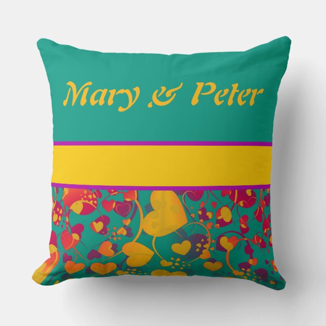 Funny Heart Pattern IX - green red yellow + names Cushion (Front)