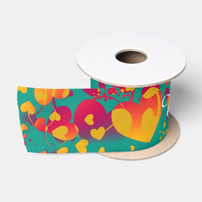 Funny Heart Pattern IX - green red yellow Satin Ribbon (Spool)