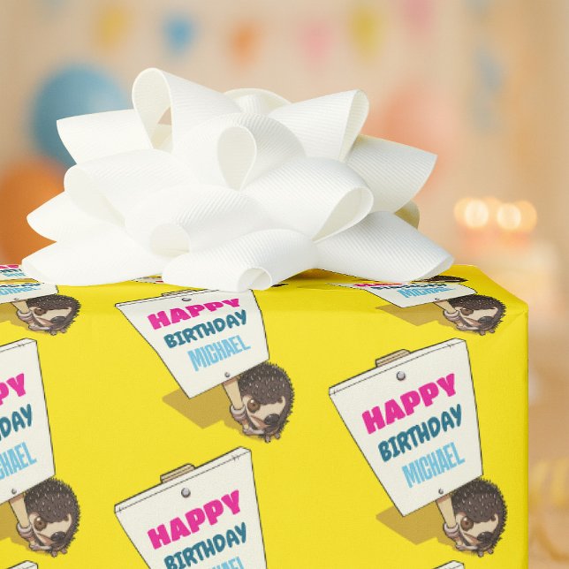 Funny Hedgehog Add The Name Happy Birthday Cartoon Wrapping Paper (Creator Uploaded)