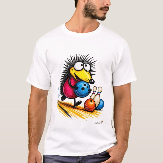 Funny Hedgehog Bowling Cartoon T-Shirt (Front)