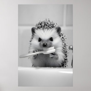 Funny Hedgehog Brushing Teeth Bathroom Print