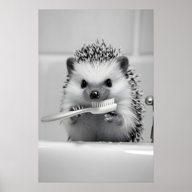 Funny Hedgehog Brushing Teeth Bathroom Print (Front)