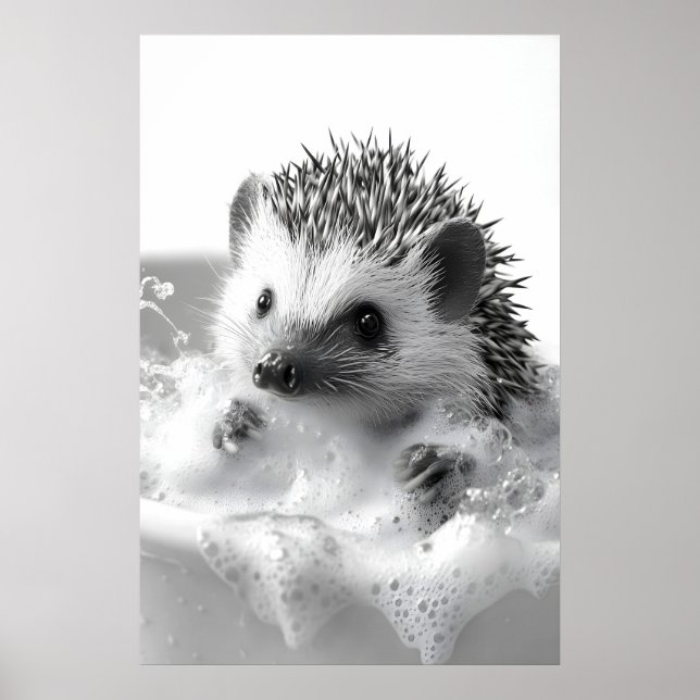 Funny Hedgehog Bubble Bath Print, Bathroom Animal Poster (Front)