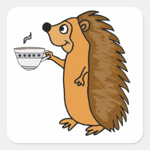 Funny Hedgehog Drinking Tea Cartoon Square Sticker
