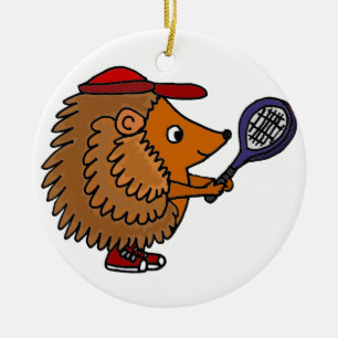 Funny Hedgehog with Blue Tennis Racket Ceramic Ornament