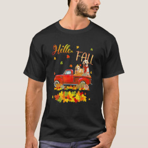 Funny Hello Fall Golden Retriever Leaf Autumn Red T-Shirt
