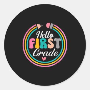 Funny Hello First Grade Pencil Circle Design Classic Round Sticker