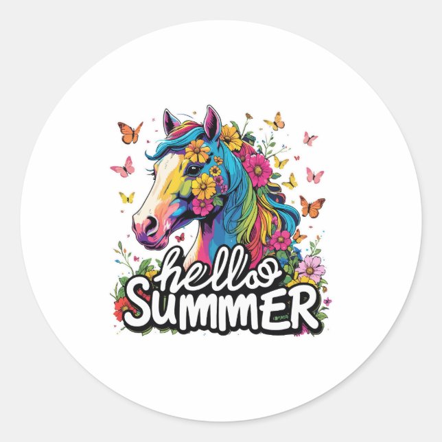 Funny Hello Summer Horse Classic Round Sticker (Front)